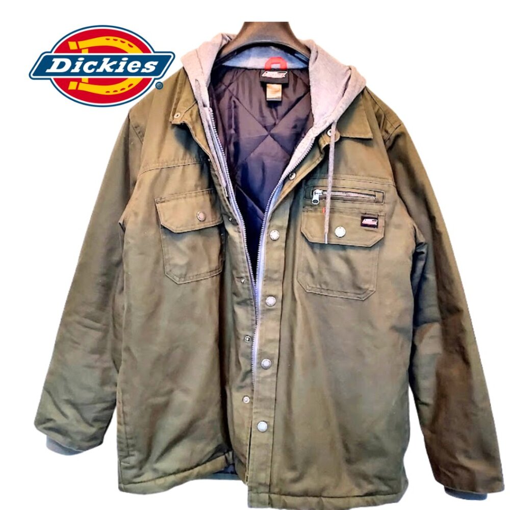 Dickies Men’s Large Canvas Workwear Jacket Green Hooded Lined Full Zip Coat